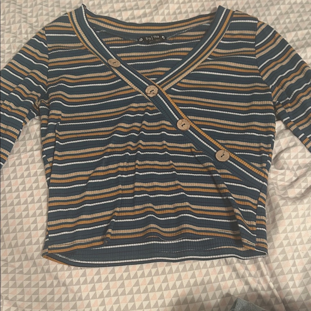 Striped Button Down Shirt - Navy and Tan